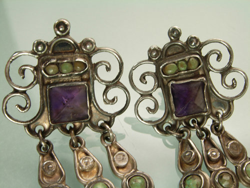 Signed MATL Mexico Silver Amethyst Turquoise Earrings