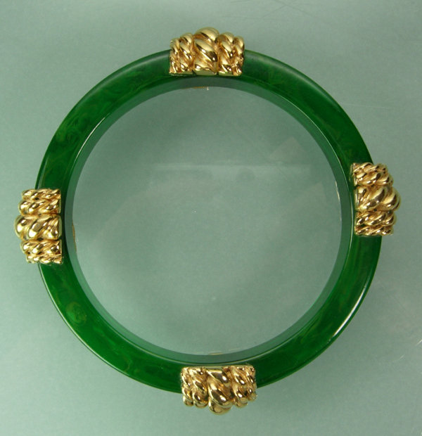 1967 Carven France Goldtone Metal Green Bakelite Bangle