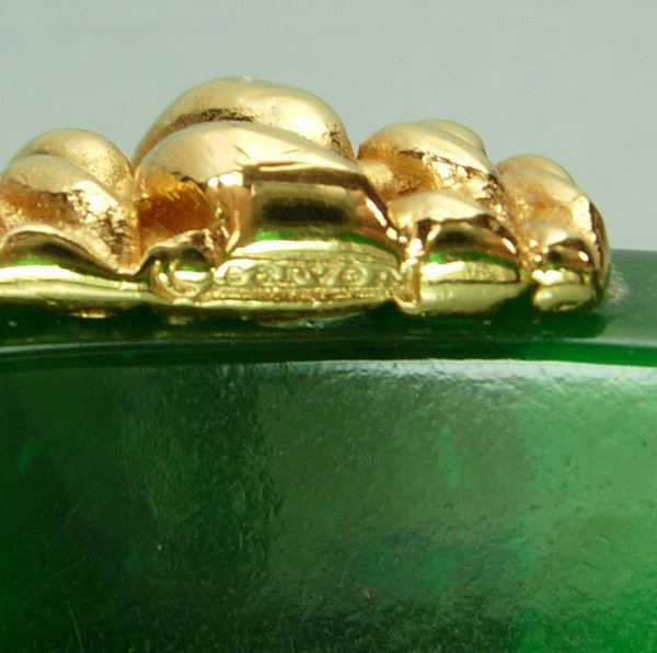 1967 Carven France Goldtone Metal Green Bakelite Bangle