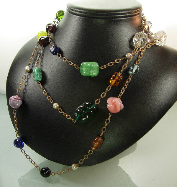 French 60 Inch Sautoir Necklace Gripoix Glass Beads