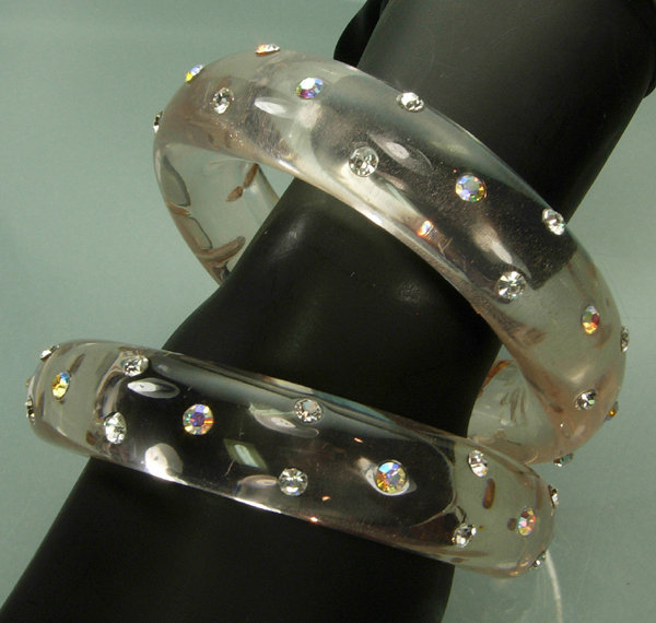 Pair Huge Clear Lucite Bangles Brilliant Strass Stones