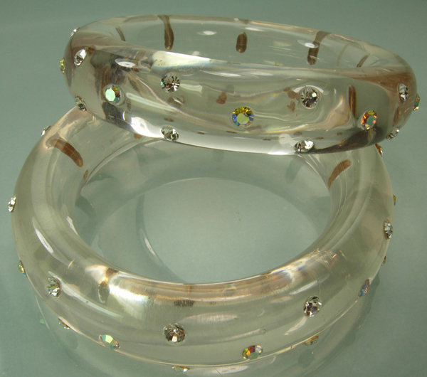Pair Huge Clear Lucite Bangles Brilliant Strass Stones