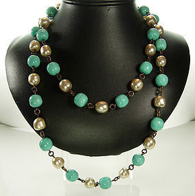 60 French Turquoise Poured Glass Pearl Sautoir Necklace