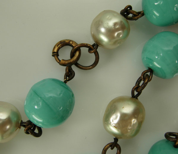 60 French Turquoise Poured Glass Pearl Sautoir Necklace