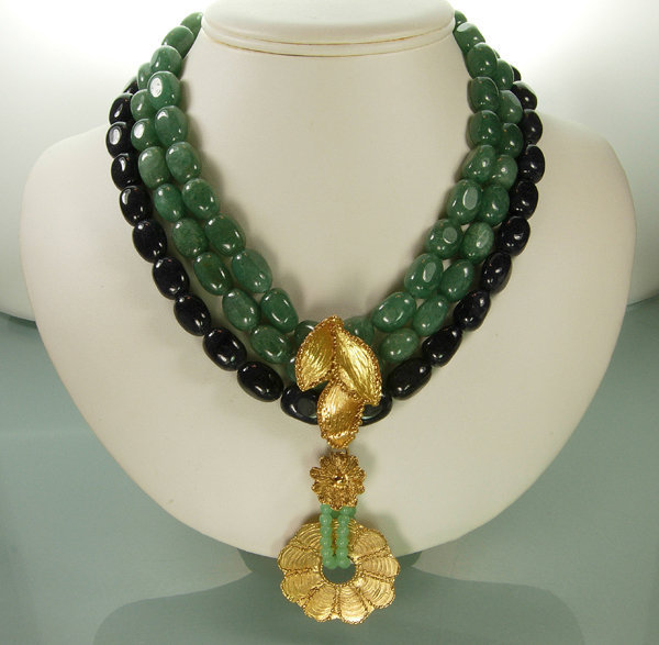 80s Yves Saint Laurent Drop Necklace Green Agate Beads