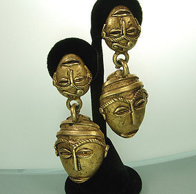 1970s Jay Feinberg Tribal Style Ashanti Mask Earrings