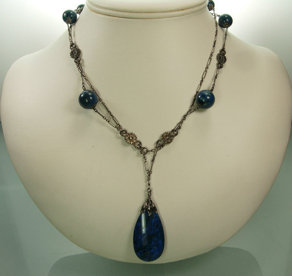 1910 Deco Blue Chalcedony 800 Silver Sautoir Necklace