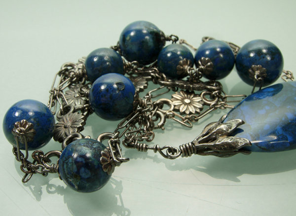 1910 Deco Blue Chalcedony 800 Silver Sautoir Necklace