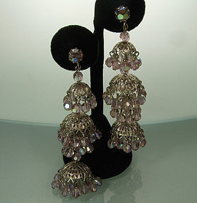 60s Huge Alexandrite Glass Filigree Moghul Earrings