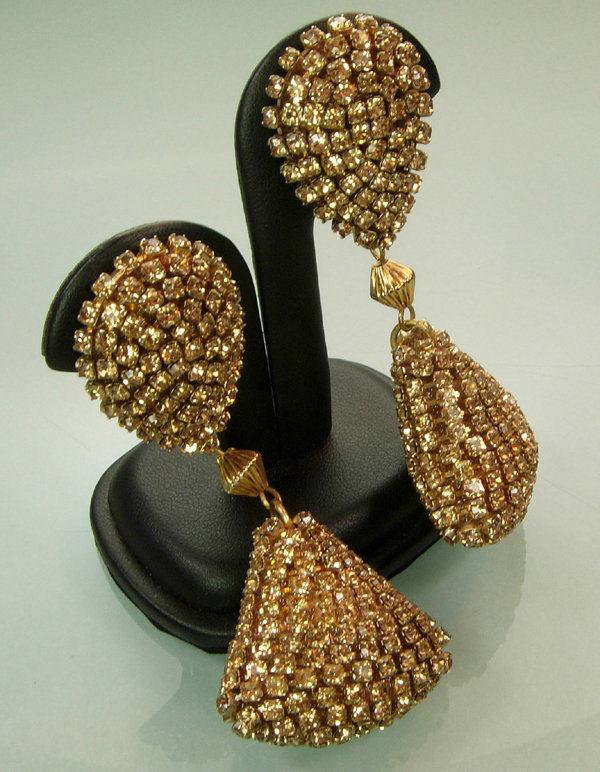 Statement French Champagne Strass 60s Long Earrings