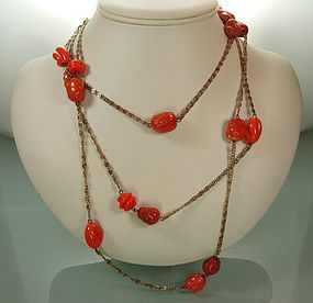 50s French Sautoir Faux Coral Poured Glass Beads 60 In.