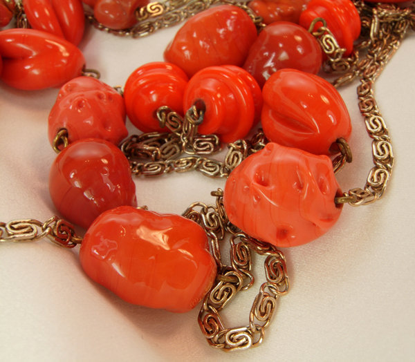 50s French Sautoir Faux Coral Poured Glass Beads 60 In.