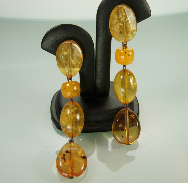 Statement Genuine Cut Polished Amber Long Drop Earrings