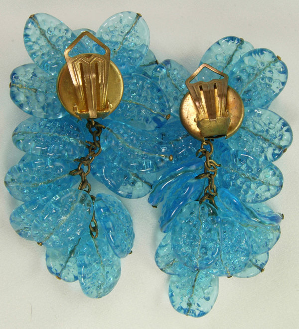 Stunning French 1950 Teal Poured Glass Wired Earrings