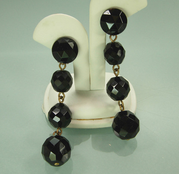 60s Glam 3 Inch Long Black Wired Glass Earrings: FRANCE