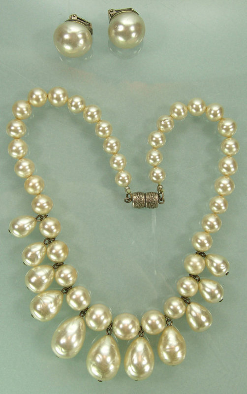 C 1960 Baroque Faux Pearl Necklace with Earrings FRANCE