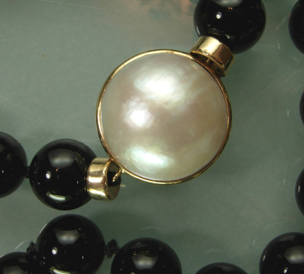 1970s 14K Gold Double Mabe Pearl Onyx 36 Inch Necklace