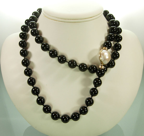 1970s 14K Gold Double Mabe Pearl Onyx 36 Inch Necklace