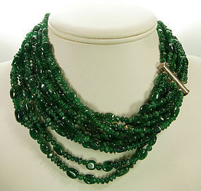 Sumptuous 9 Strand Carved Emerald Bead Silver Necklace
