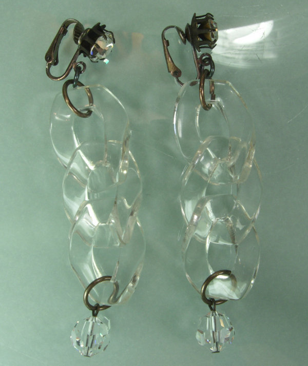 C 1990 French Couture Lucite Strass Glass Earrings