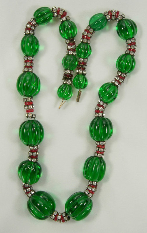C 1940 French Gripoix Strass Necklace Huge Green Beads