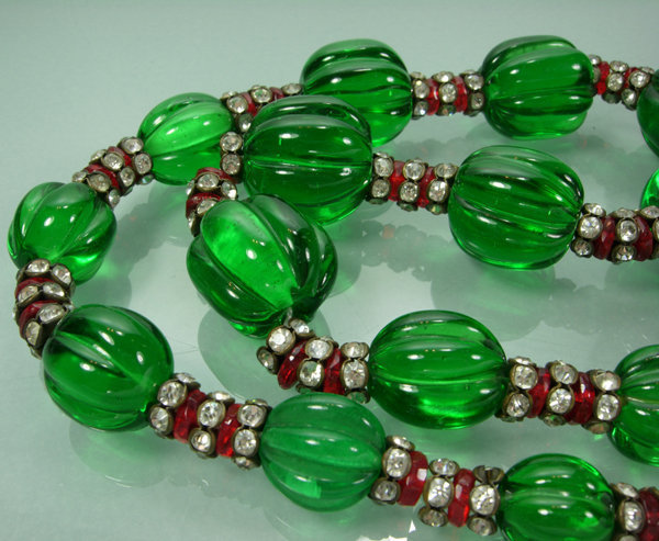 C 1940 French Gripoix Strass Necklace Huge Green Beads