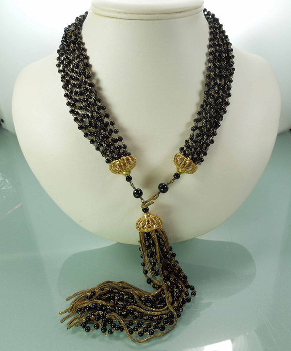 1960 French Black Glass Chains Wired Tassel Necklace