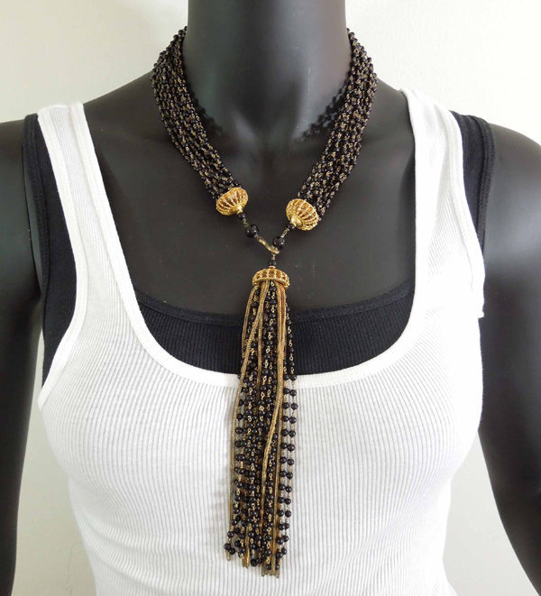 1960 French Black Glass Chains Wired Tassel Necklace