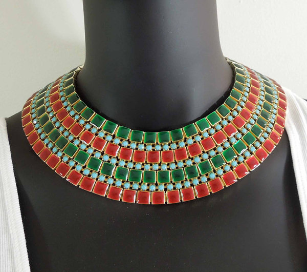 Huge Egyptian Collar Red Green Enamel Turquoise Glass