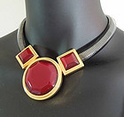 Glam 1980s Deco Revival YSL Necklace Red Gold Gunmetal
