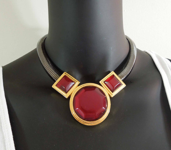 Glam 1980s Deco Revival YSL Necklace Red Gold Gunmetal