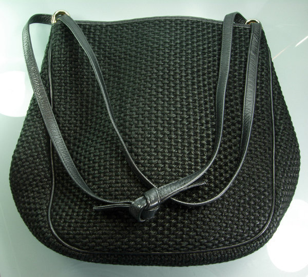 Bottega Veneta Nero Leather Straw Large Shoulder Bag