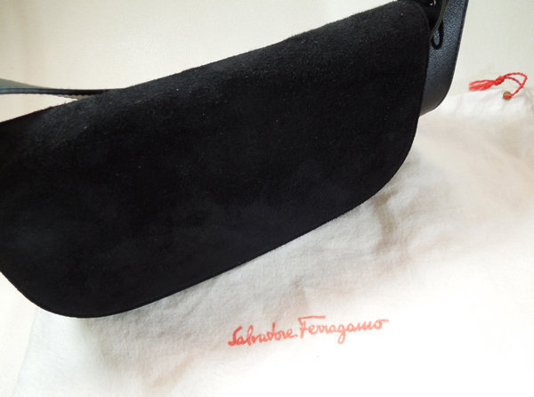 Ferragamo Black Suede Leather Gancio Small Bag Bows
