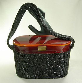 1940s Black Glass Caviar Beaded Tortoise Lucite Bag