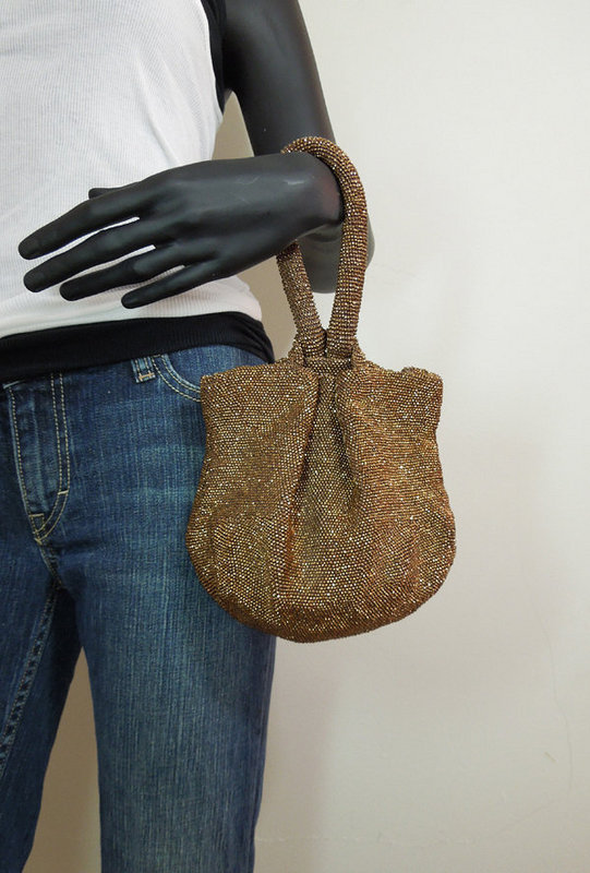 1940s Large Bronze Glass Micro Bead Pochette Bag Purse