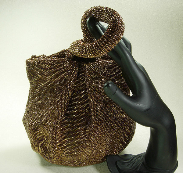 1940s Large Bronze Glass Micro Bead Pochette Bag Purse