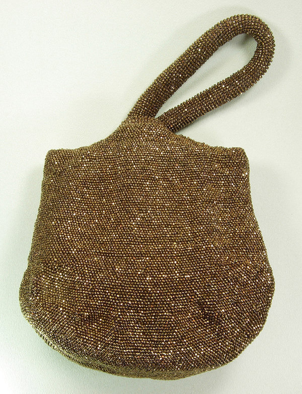 1940s Large Bronze Glass Micro Bead Pochette Bag Purse