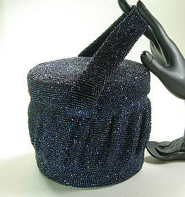 1940s Large Iridescent Blue Glass Micro Bead Box Bag