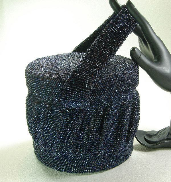 1940s Large Iridescent Blue Glass Micro Bead Box Bag