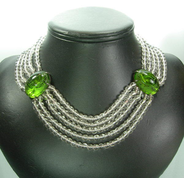 1930s Green Glass Paste Scarabs Rock Crystal Necklace