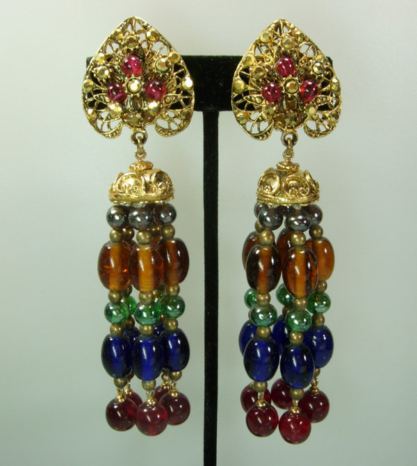 Huge Statement Jewel Tones Poured Glass 70s Earrings