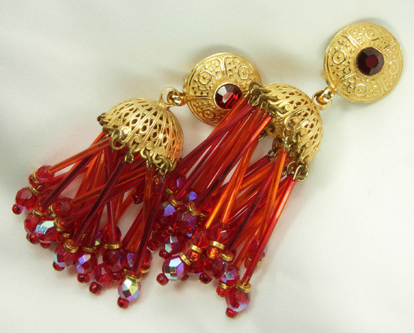 Huge Runway 80s Pink Orange Glass Moghul Style Earrings