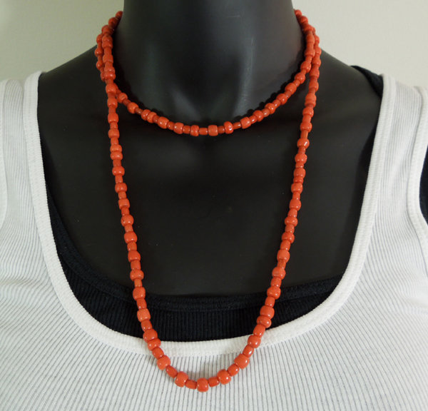 1950 Carved Salmon Mediterranean Coral 41 Inch Necklace