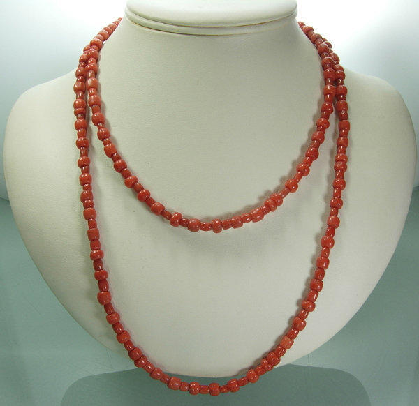 1950 Carved Salmon Mediterranean Coral 41 Inch Necklace