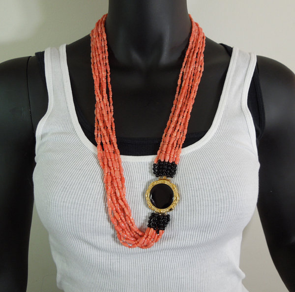 1970s Angel Skin Coral Onyx 9 Strand 30 Inch Necklace