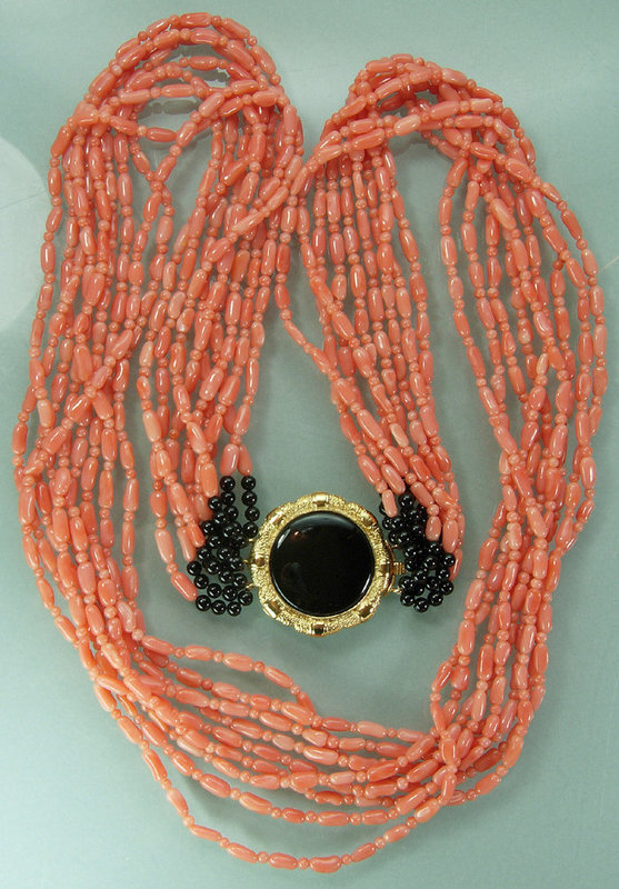 1970s Angel Skin Coral Onyx 9 Strand 30 Inch Necklace
