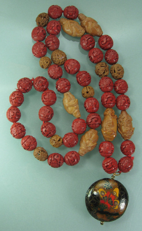 Chinese Carved Peach Pit Cinnabar Cloisonne Necklace