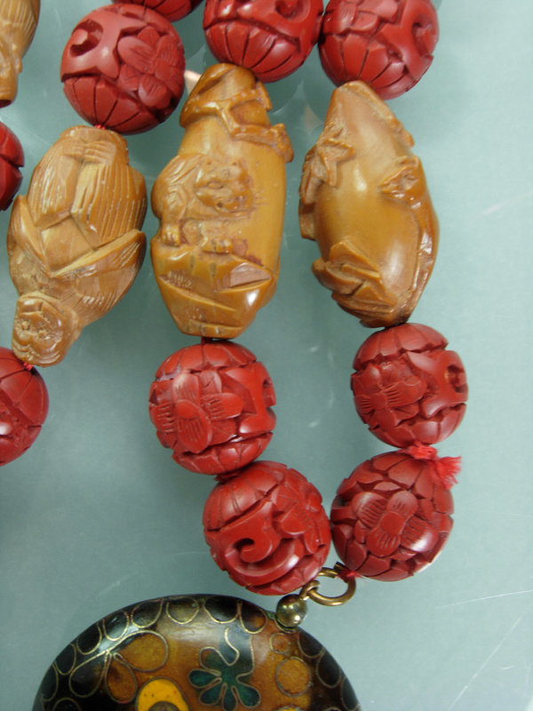 Chinese Carved Peach Pit Cinnabar Cloisonne Necklace