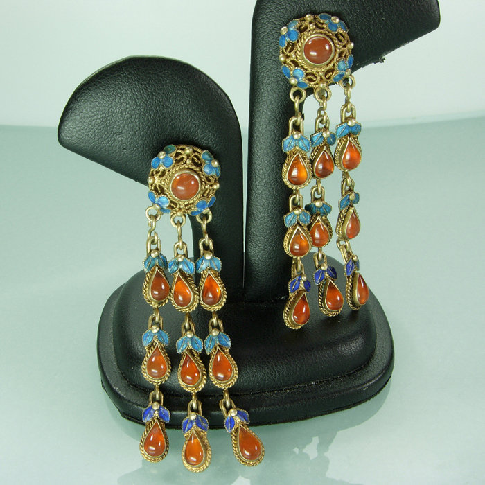 Chinese Export Silver Gilt Enamel Carnelian Earrings