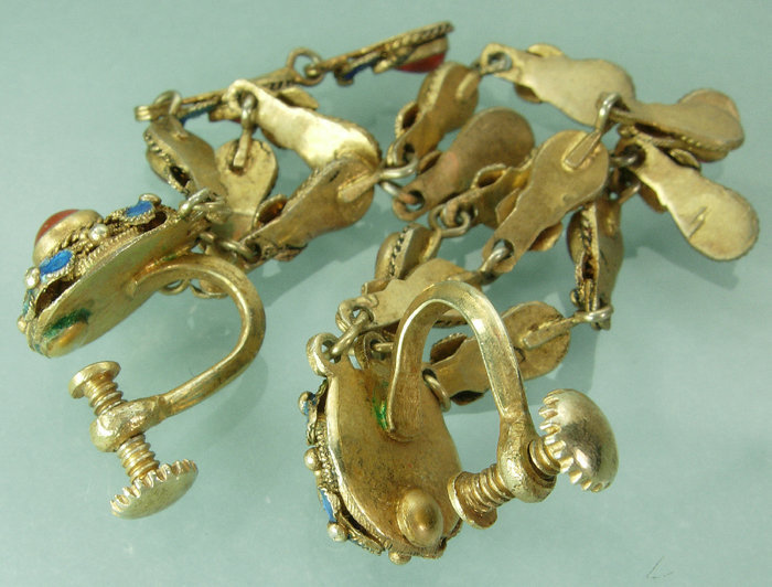 Chinese Export Silver Gilt Enamel Carnelian Earrings